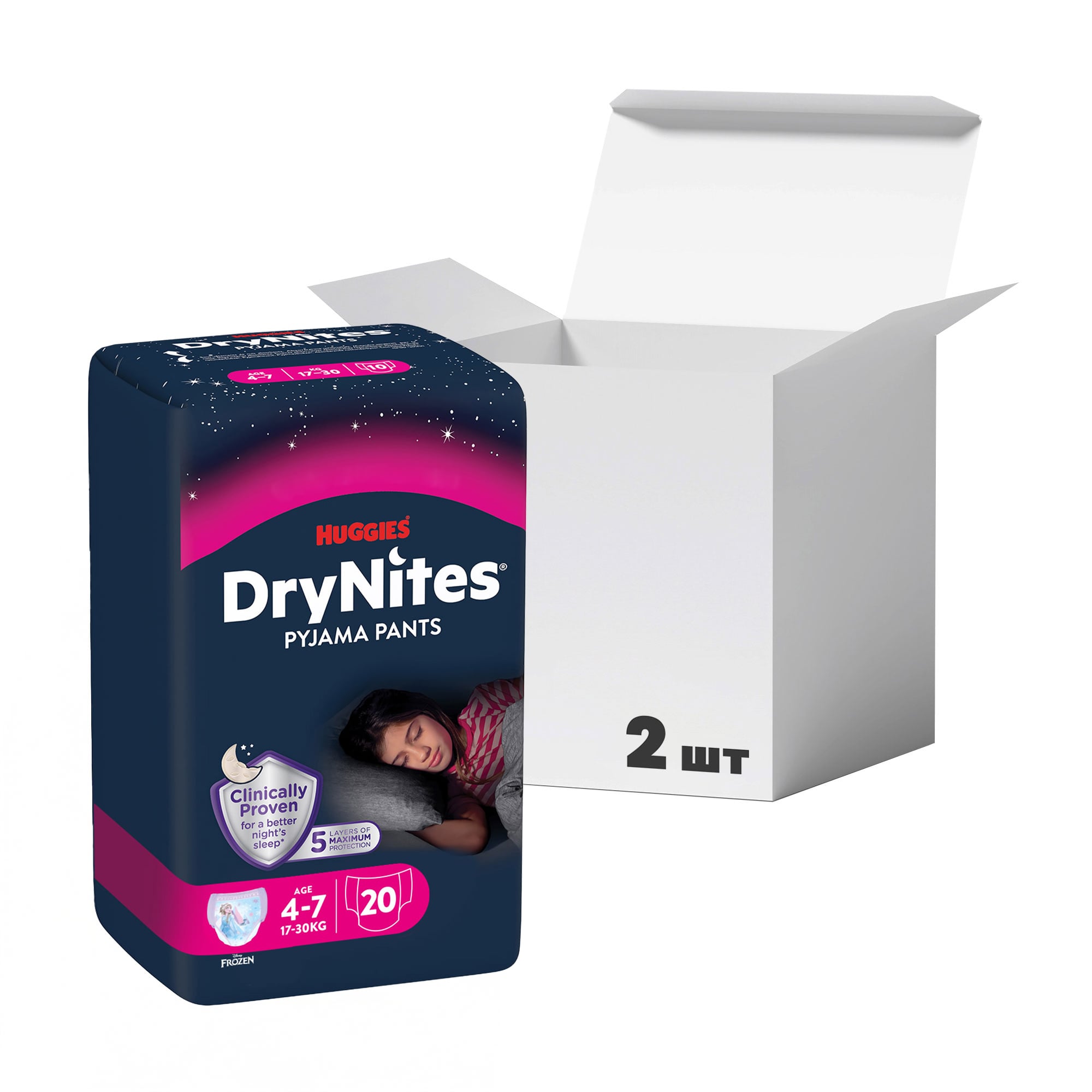 Упаковка нічних підгузків-трусиків Huggies DryNites для дівчаток, 4-7 років (17-30 кг), 10 шт * 2 шт