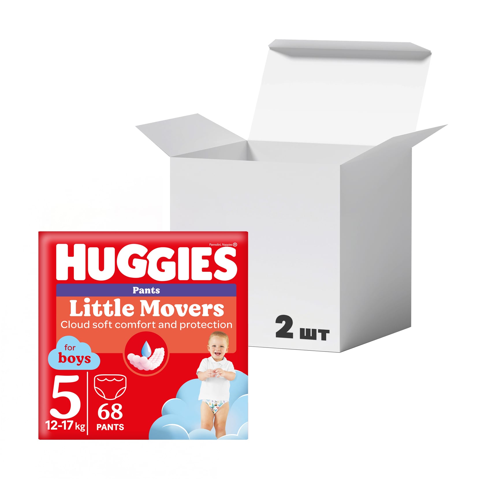 Упаковка підгузків-трусиків Huggies Little Movers Pants для хлопчиків, розмір 5 (12-17 кг), 68 шт * 2 шт